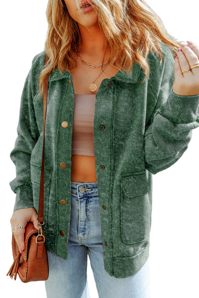 Green Vintage Washed Flap Pocket Button Shacket-Outerwear-MomFashion