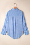 Sky Blue Stripe Plaid Patchwork Button up Long Sleeve Shirt-Tops/Blouses & Shirts-MomFashion