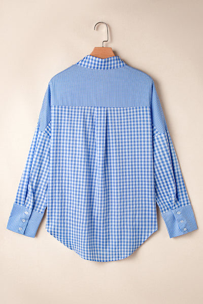 Sky Blue Stripe Plaid Patchwork Button up Long Sleeve Shirt-Tops/Blouses & Shirts-MomFashion