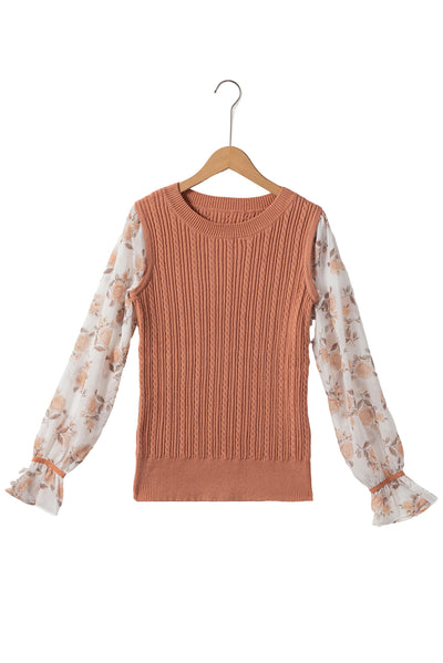 Golden Fleece Floral Patchwork Ruffled Cuff Cable Knit Sweater-Tops-MomFashion