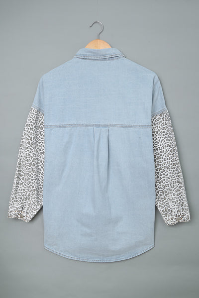 Sky Blue Contrast Leopard Denim Jacket-Outerwear-MomFashion