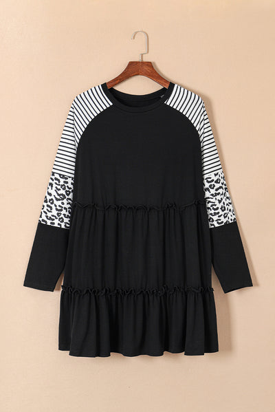 Black Plus Size Striped Leopard Patch Sleeve Ruffle Tiered Dress-Plus Size-MomFashion