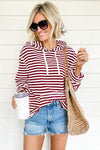 Burgundy Stripe Kangaroo Pocket Drawstring Hoodie-Tops-MomFashion