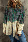 Blackish Green Contrast Plaid Patchwork Chest Pocket Button up Shacket-Outerwear-MomFashion