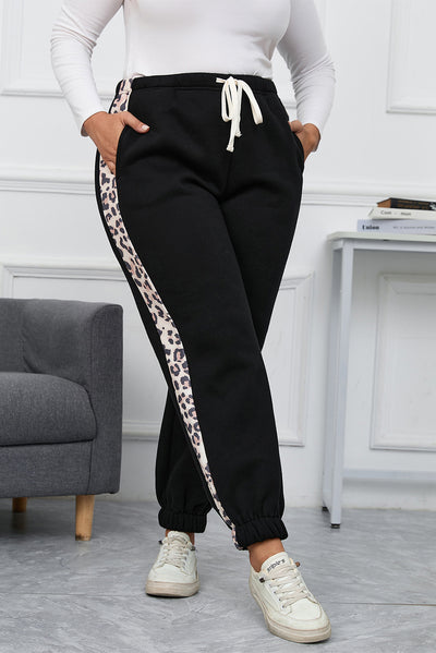 Black Plus Size Contrast Leopard Side Panel Joggers-Plus Size-MomFashion