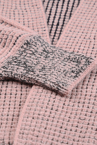 Pink Chunky Waffle Knit Oversized Collar Cardigan-Tops-MomFashion