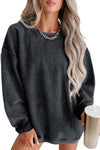 Black Solid Ribbed Knit Round Neck Pullover Sweatshirt-Tops-MomFashion