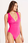 Rose Red Deep V Neck Crossover Backless Ruched High Cut Monokini-Swimwear-MomFashion