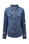 Blue Lapel Distressed Raw Hem Buttons Denim Jacket-Outerwear-MomFashion