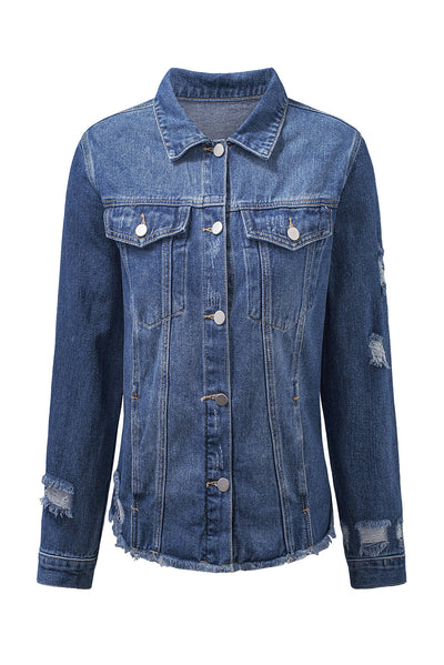 Blue Lapel Distressed Raw Hem Buttons Denim Jacket-Outerwear-MomFashion