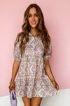 Pink Floral Button Shirt Collar Puff Sleeve Ruffle Dress-Dresses-MomFashion