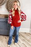 Fiery Red Contrast Mixed Animal Print Lantern Sleeve Patchwork Top-Tops-MomFashion