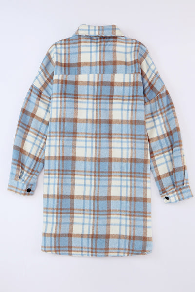 Sky Blue Plaid Flap Pocket Long Sleeve Shacket-Outerwear-MomFashion