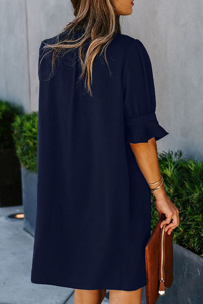 Blue Ruffled Sleeve Shift Dress-Dresses-MomFashion