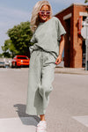 Gray Textured Loose Fit T Shirt and Drawstring Pants Set-Loungewear-MomFashion