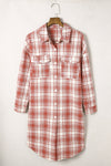 Fiery Red Plaid Print Button Long Shacket-Outerwear-MomFashion