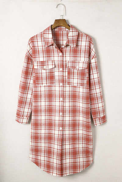 Fiery Red Plaid Print Button Long Shacket-Outerwear-MomFashion