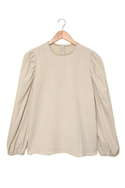 Billowed Sleeve Crew Neck Blouse-Tops-MomFashion