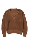 Coffee Pointelle Knit Button V Neck Drop Shoulder Sweater-Tops-MomFashion