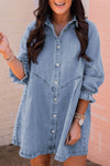 Sky Blue Buttoned Long Sleeve Denim Mini Dress-Dresses-MomFashion