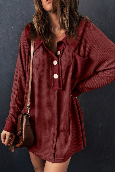 Red Waffle Knit Buttoned Long Sleeve Top-Tops-MomFashion