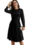 Black Twist Front Tie Back Long Sleeve Satin Dress-Dresses-MomFashion