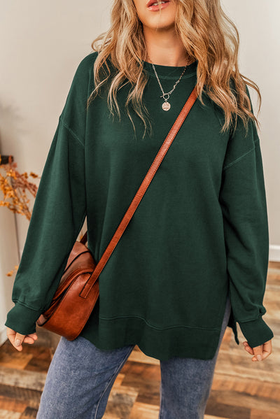 Duffel Green Oversized Drop Shoulder Split Hem Sweatshirt-Tops-MomFashion