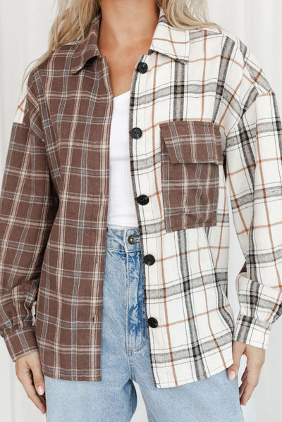 Brown Mixed Plaid Soft Oversized Shirt-Tops-MomFashion