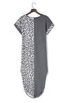 Gray Contrast Solid Leopard Short Sleeve T-shirt Dress with Slits-Dresses-MomFashion