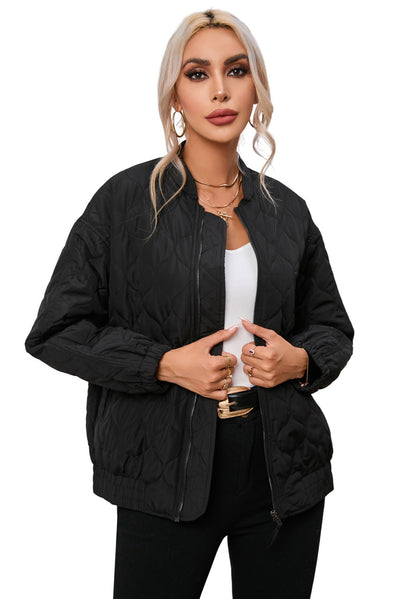 Black Solid Color Quilted Zip Up Puffer Jacket-Outerwear-MomFashion