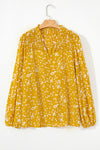 Yellow Plus Size Floral Print Ruched Split Neck Blouse-Plus Size-MomFashion