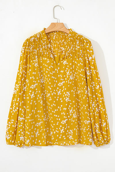 Yellow Plus Size Floral Print Ruched Split Neck Blouse-Plus Size-MomFashion