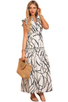 White Abstract Vein Print V Neck Ruffle Maxi Dress-Dresses-MomFashion