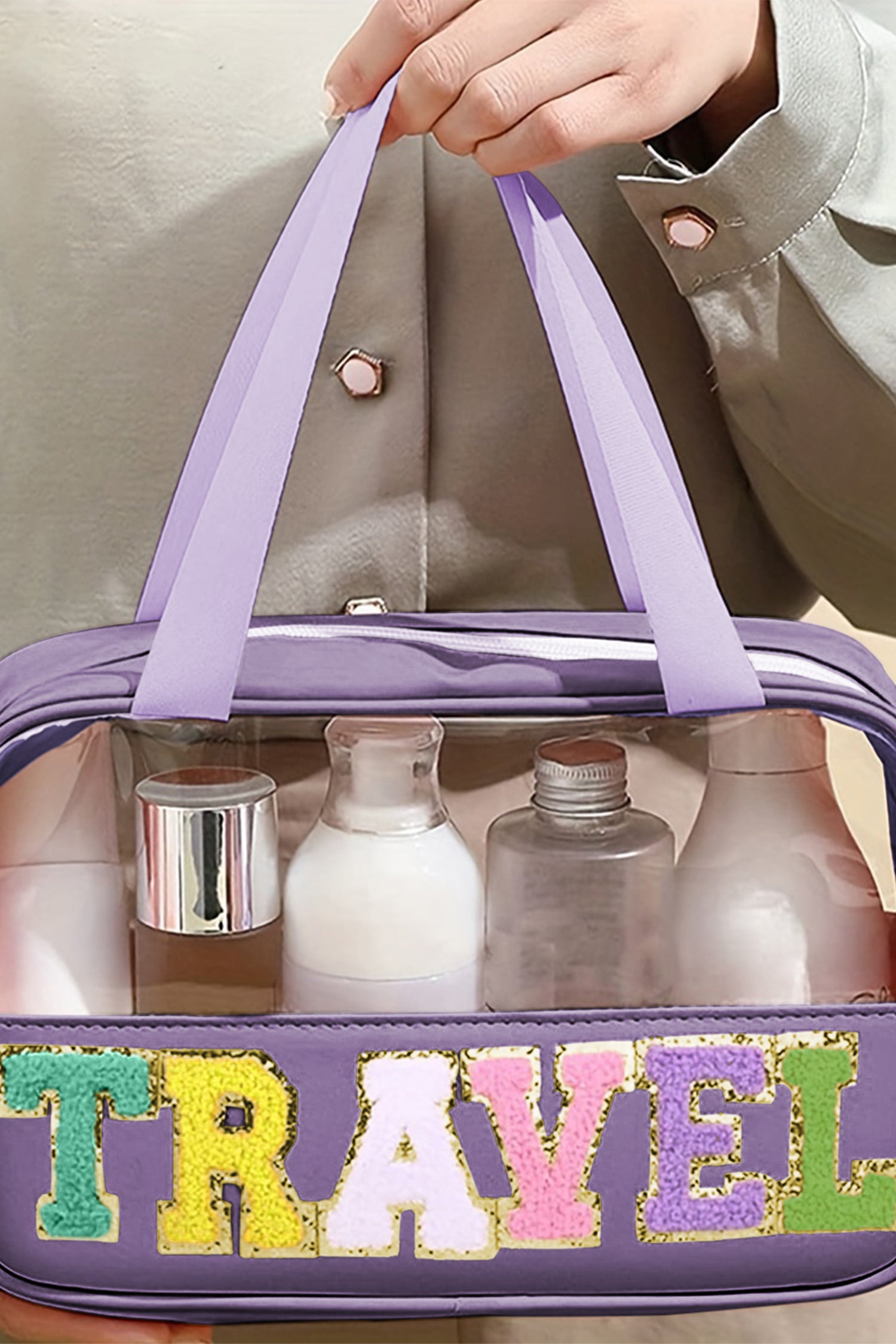 Purple TRAVEL Chenille Letter Clear PVC Makeup Bag-Accessories-MomFashion