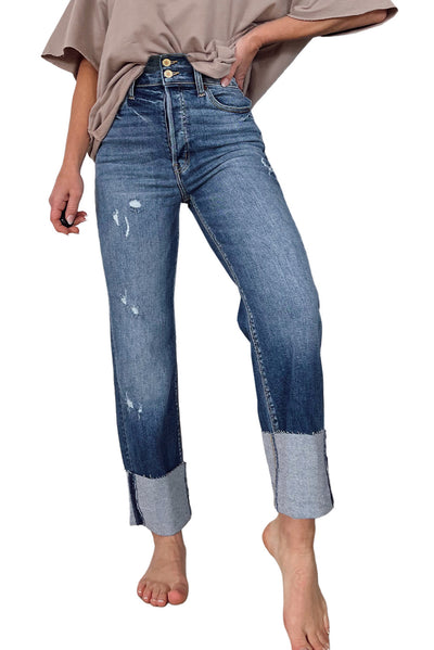 Blue High Waist Distressed Straight Leg Jeans-Bottoms-MomFashion