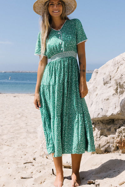 Green Floral Print Lace Splicing Flared High Waist Midi Dress-Dresses-MomFashion