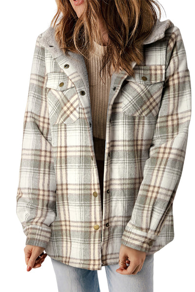 Gray Plaid Pattern Sherpa Lined Hooded Shacket-Outerwear-MomFashion