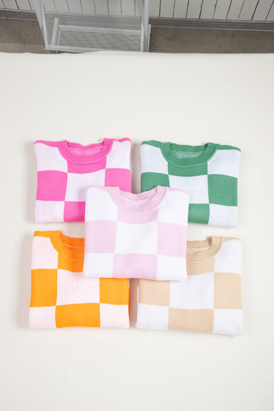 Pink Checkered Bishop Sleeve Sweater-Tops-MomFashion