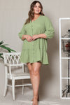 Green Textured Ruffled Buttoned V Neck Plus Size Mini Dress-Plus Size-MomFashion