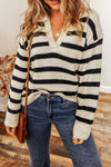 Apricot Striped Knit Drop Shoulder Collared V Neck Sweater-Tops-MomFashion