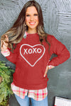 Racing Red Heart XOXO Chenille Embroidered Textured Sweatshirt-Tops-MomFashion