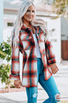 Red Turn down Neck Plaid Pocket Button Closure Coat-Outerwear-MomFashion