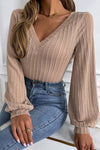 Khaki Knitted Jacquard V Neck Lantern Sleeve Top-Tops-MomFashion