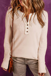 Beige Waffle Knit Textured Henley Top-Tops-MomFashion