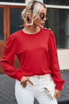 Fiery Red Button Tab Detail Long Sleeve Top-Tops-MomFashion