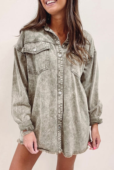 Sage Green Acid Wash Flap Pocket Raw Hem Tunic Denim Jacket-Outerwear-MomFashion