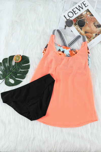 Orange Printed Splicing Racerback Tankini-Swimwear-MomFashion