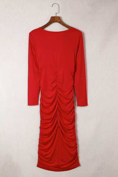 Fiery Red Long Sleeves Wrap V Neck Ruched Sheath Bodycon Dress-Dresses-MomFashion