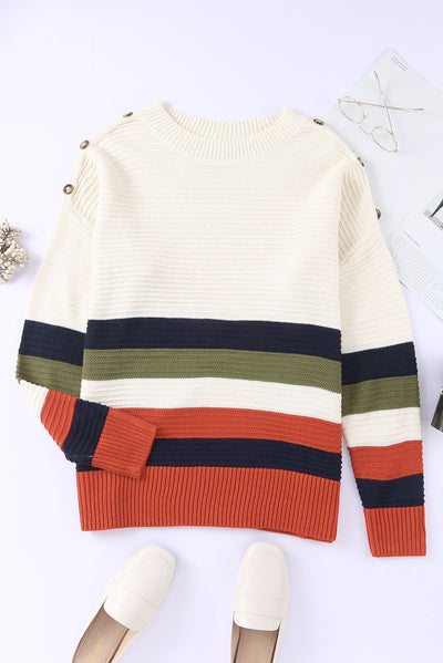 White Buttoned Shoulder Drop Shoulder Striped Sweater-Tops-MomFashion