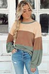 Green Stripe Textured Color Block Bubble Sleeve Baggy Top-Tops-MomFashion